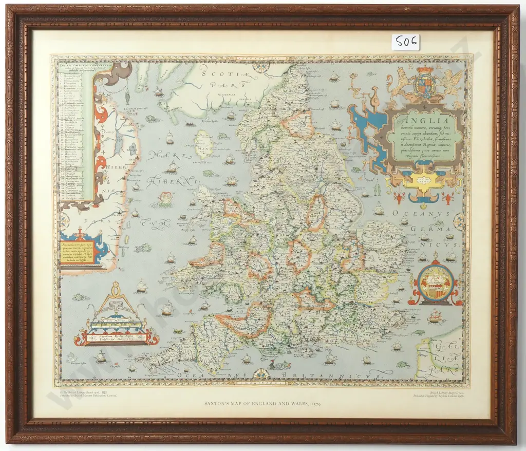 Vintage Framed Reproduction of an Antique Map of England & Wales.Originally Created by Christopher Saxon in 1579 Image 1++