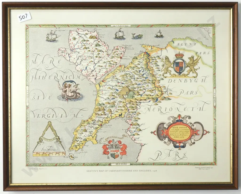 Framed Reproduction of an Antique Map of Caernarvonshire & Anglesey, Created by Christopher Saxon in 1578 Image 1++