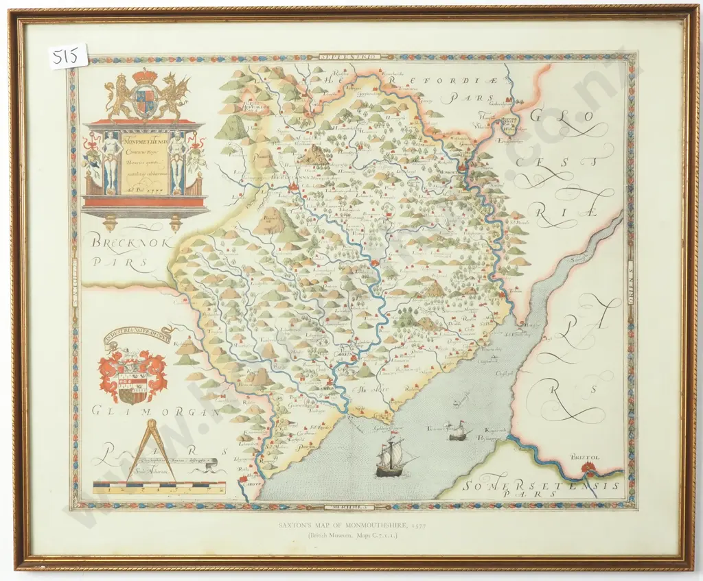 Vintage Framed Reproduction of an Antique Map of Monmouthshire, Wales. Originally Created By Christopher Saxon in 1577 Image 1++