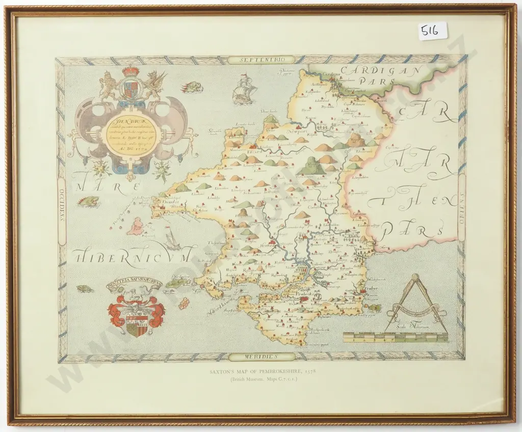Vintage Framed Reproduction of an Antique Map of Pembrokeshire. Originally Created By Christopher Saxon in 1578 Image 1++