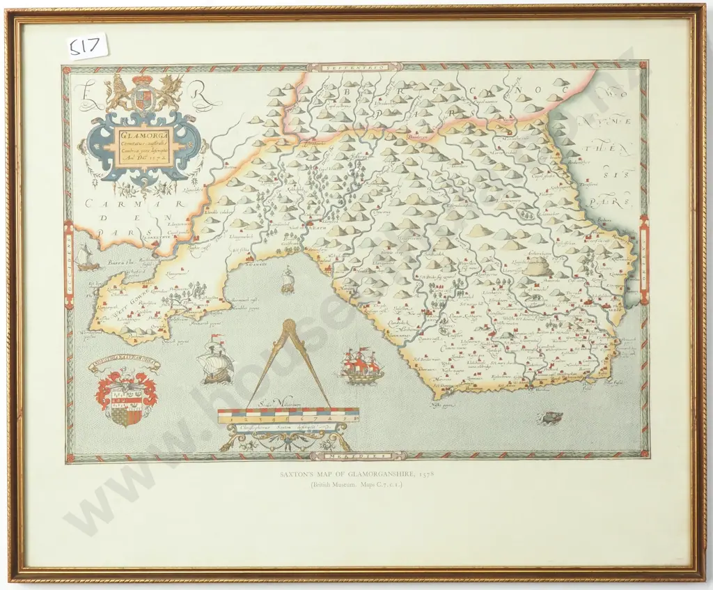 Vintage Framed Reproduction of an Antique Map of Glamorganshire, Wales. Originally Created By Christopher Saxon in 1578 Image 1++