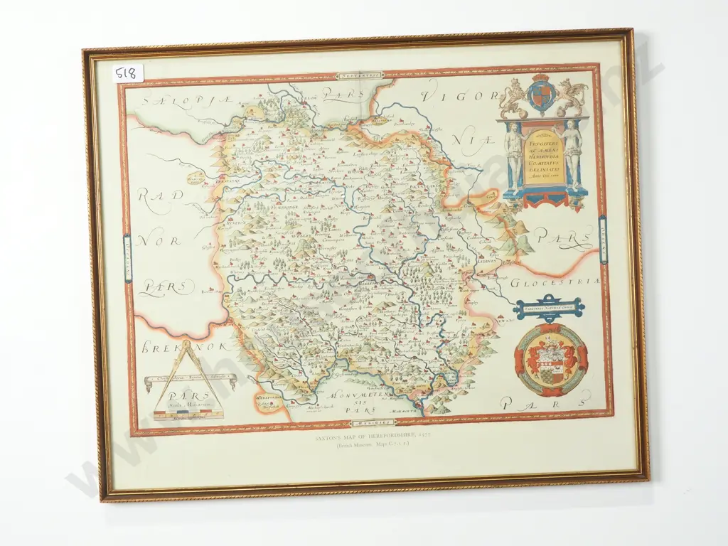 Vintage Framed Reproduction of an Antique Map of Herefordshire. Originally Created By Christopher Saxon in 1577 Image 1++