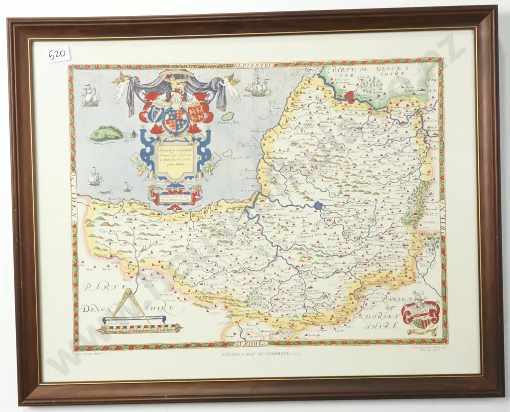 Vintage Framed Reproduction of an Antique Map of Somerset.Originally Created by Christopher Saxon in 1575 Image 1++