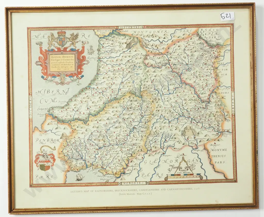 Vintage Framed Reproduction of an Antique Map of Several Welsh Shires. Originally Created By Christopher Saxon in 1578 Image 1++