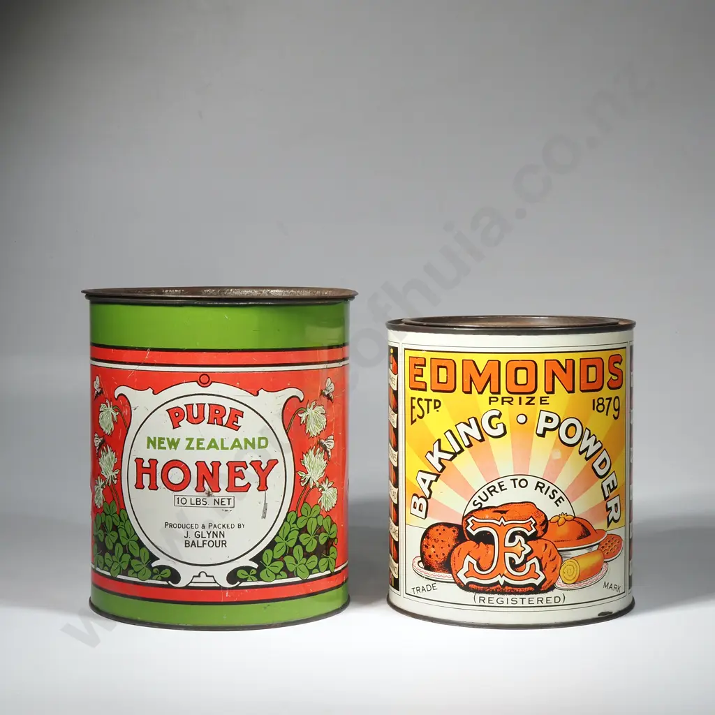 Vintage Pure New Zealand Honey 10lb Tin & Edmonds Baking Powder Tine Image 1++