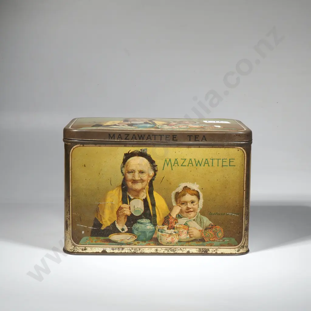 Vintage Mazawattee Tea Tin, "Old Folks at Home," 1930s Yellow Hinged Tin Box Image 1++
