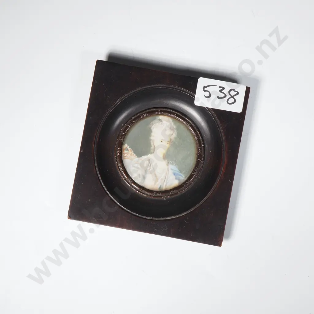 Small Ebony Miniatured Featuring a Hand Painted Scene of an Aristocratic French Lady in a Circular Frame Image 1++