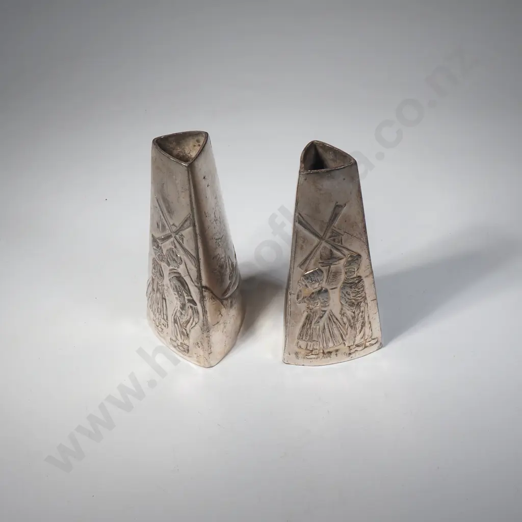 Pair Of Silver Plate  WMF Triangular Vases w a Dutch Windmill Scene Image 1++