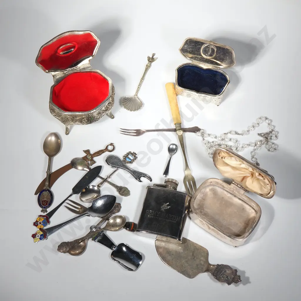 Three Vintage Trinket Boxes, St Remy Whisky Flask  & Various Items Of Cutlery To Include Cake Slice, Jam Spoons Etc.  Image 1++