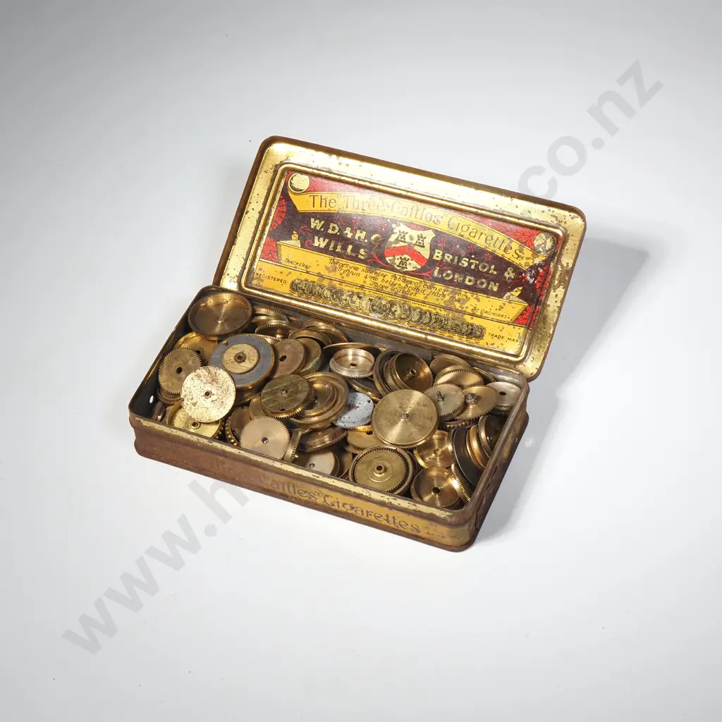 Quantity of Vintage Watch Parts - PW Barrels in a 'Three Castles Cigarette' Tin Image 1++