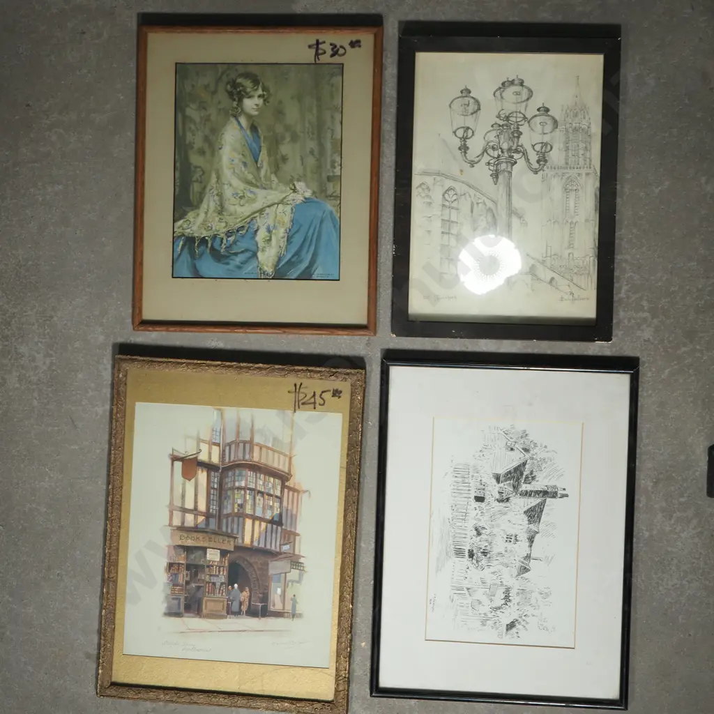 Four Prints - Three Depicting Buildings & The Other A Portrait Titled Alice Blue Gown.  Image 1++