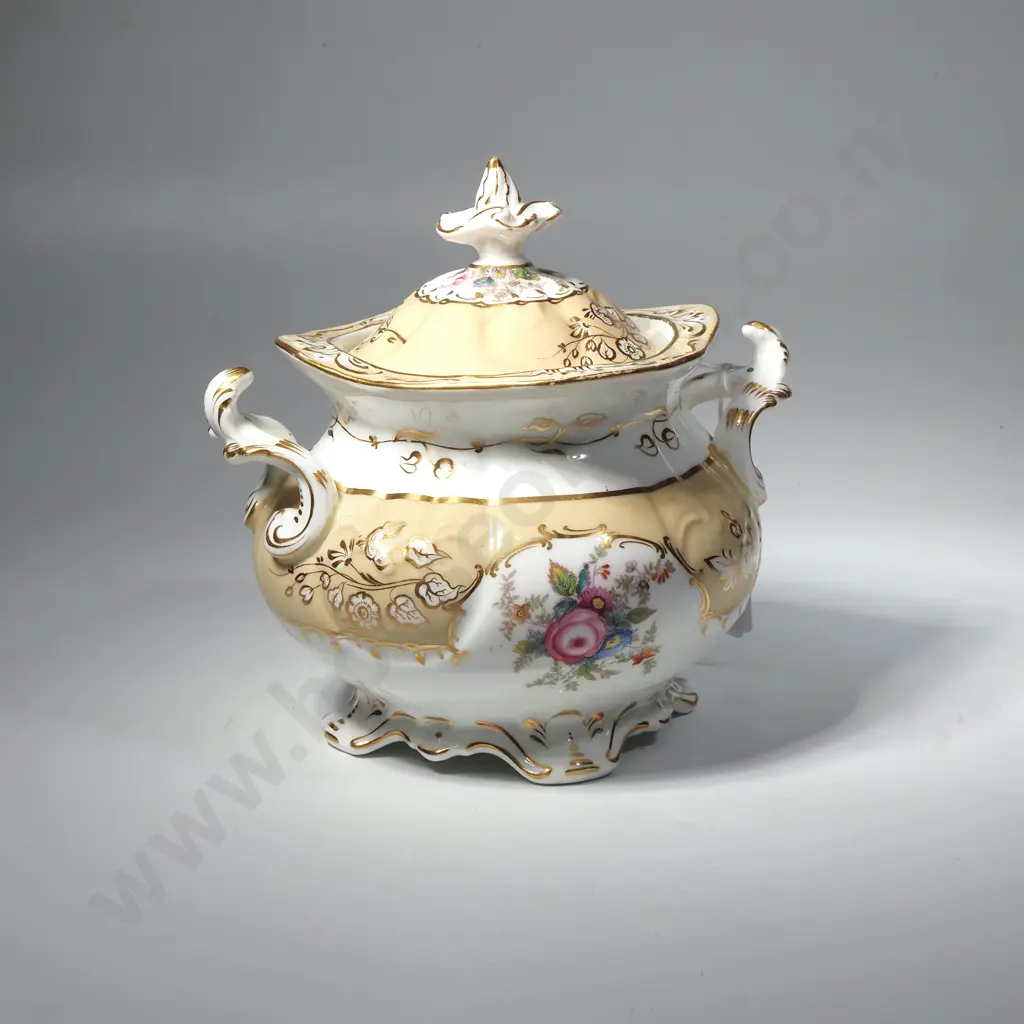 Antique Porcelain Sugar Bowl Or Sucrier w Gilt Enhancements & Floral Cartouche Image 1++