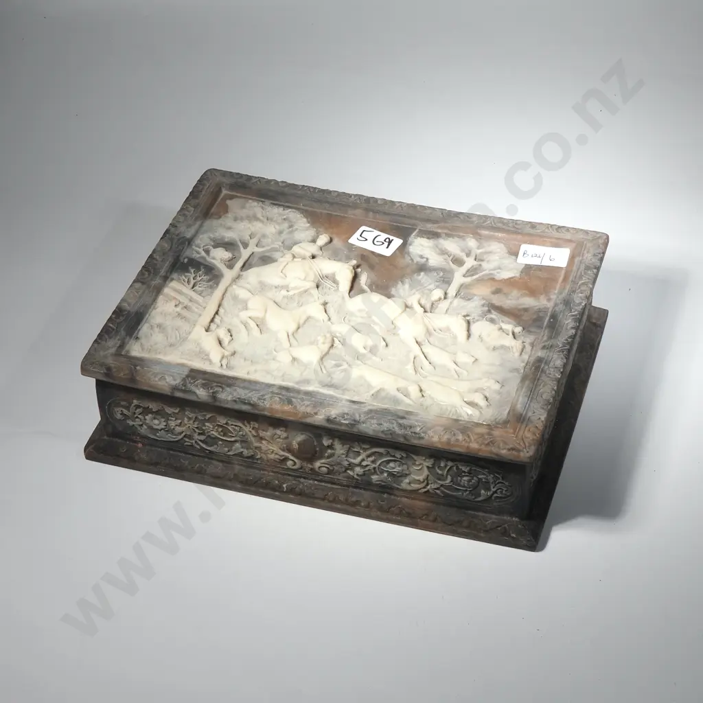 Vintage Incolay Stone Jewellery Box w Hunting Scene in Relief w Horses & Dogs, Hinged Lid Needs Glueing Image 1++