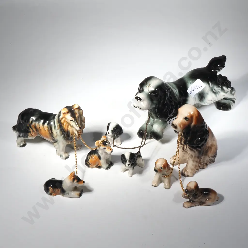 Three Vintage Dog Figurines - All w Puppies Attached w Gold Chains, Two Spaniels & a Collie Image 1++