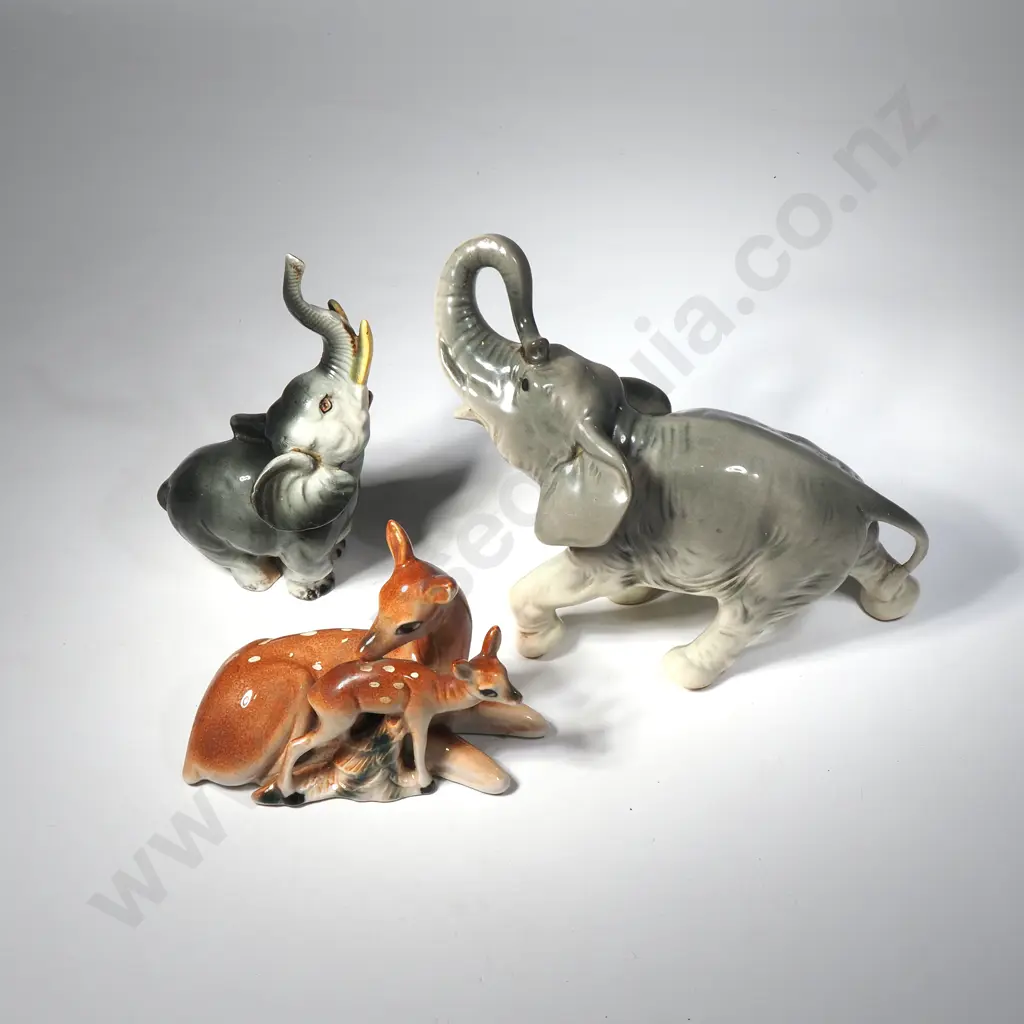 Vintage Glazed Porcelain Elephant Figurine. Probably German, & Fawn Figure  Image 1++