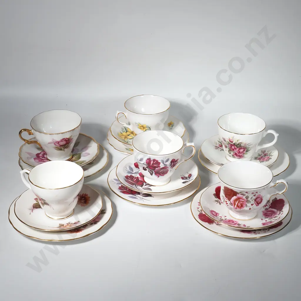 Six Vintage Trios - Queen Anne x 2, Springfield, Colclough, Saji & Duchess, All w Floral Decoration Image 1++