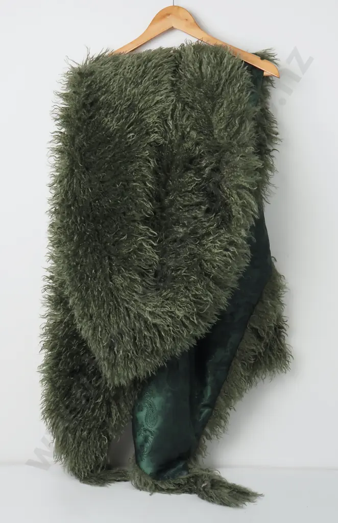 Faux Fur Throw - Olive Green w/ Paisley Pattern Lining Image 1++