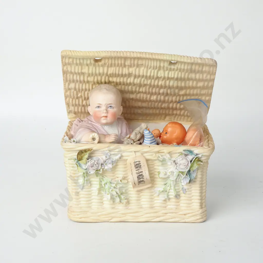Bisque Porcelain Baby in Wicker Basket with Assorted Miniature Dolls Including Kewpies Image 1++