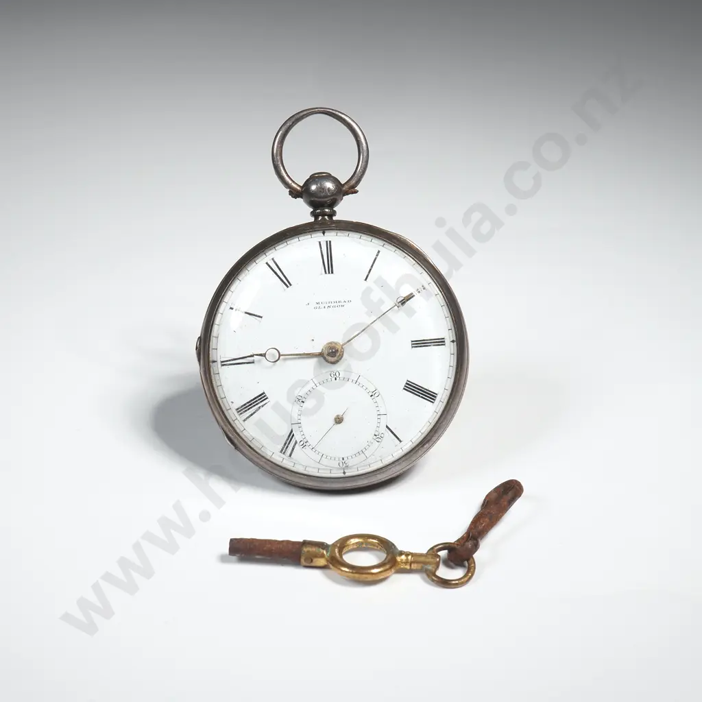 Sterling Silver Open Face Pocket Watch w Key - J Muirhead Glasgow Image 1++
