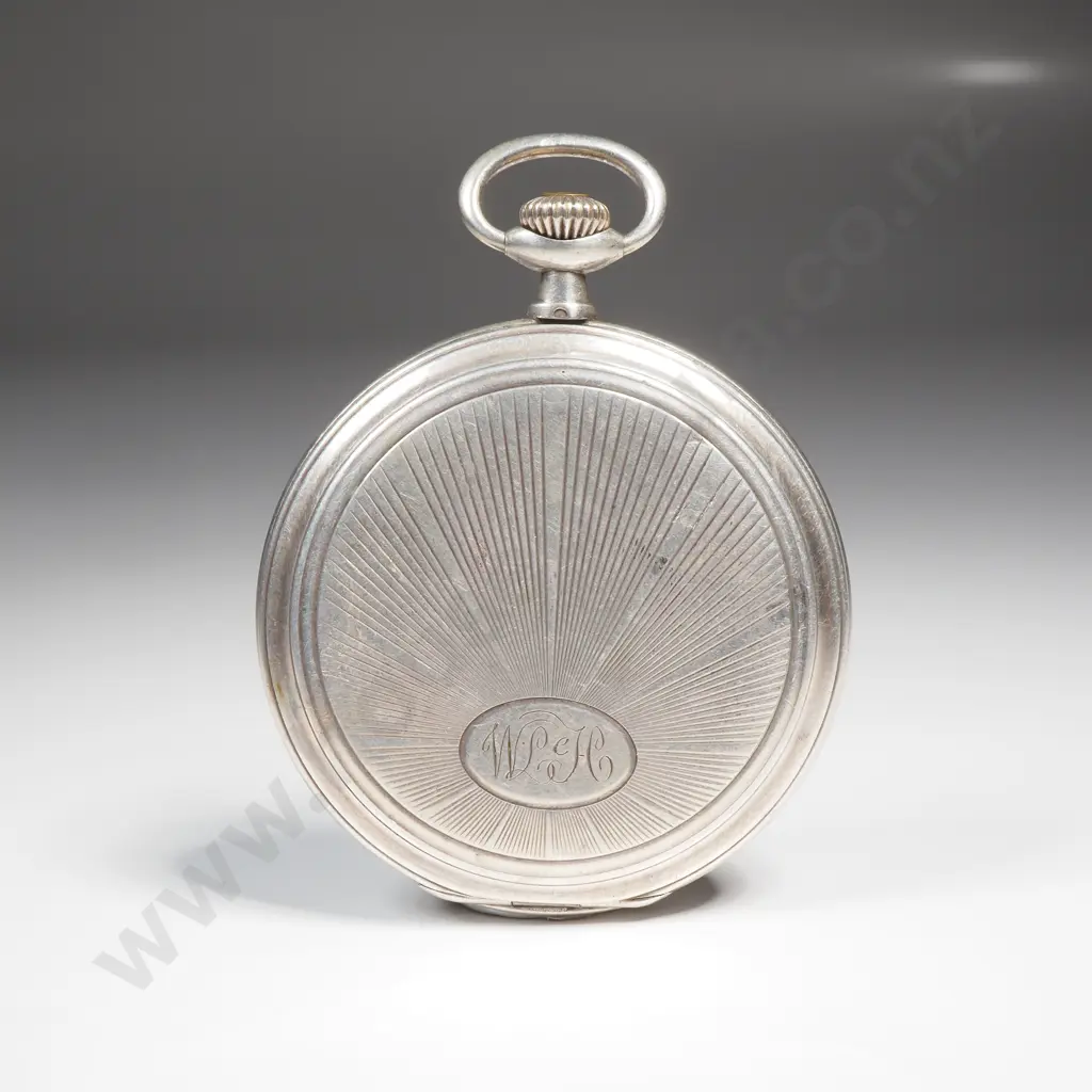 Sterling Silver Pocket Watch w Sunburst Decoration to Front Image 1++