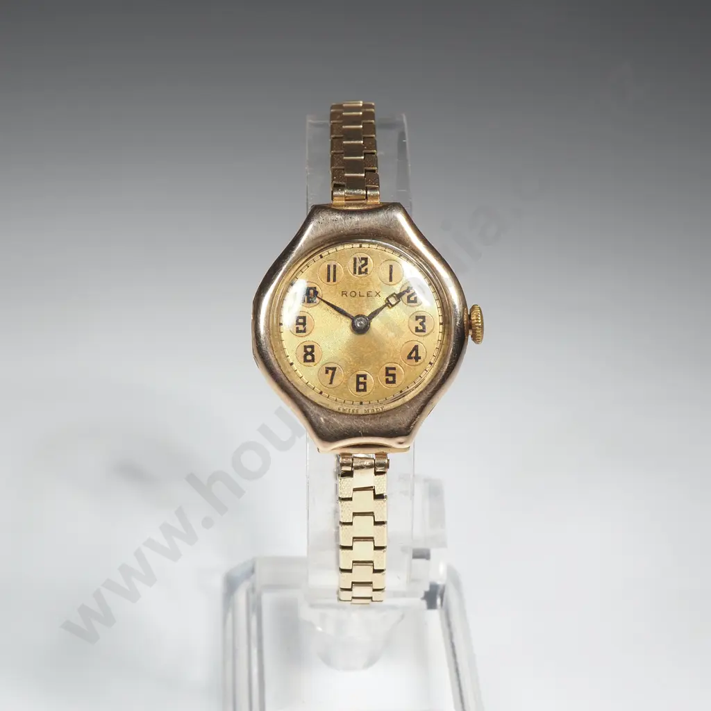 Antique 9ct Gold Ladies Rolex Wristwatch w Engine Turned Dial on G/P Bracelet Image 1++