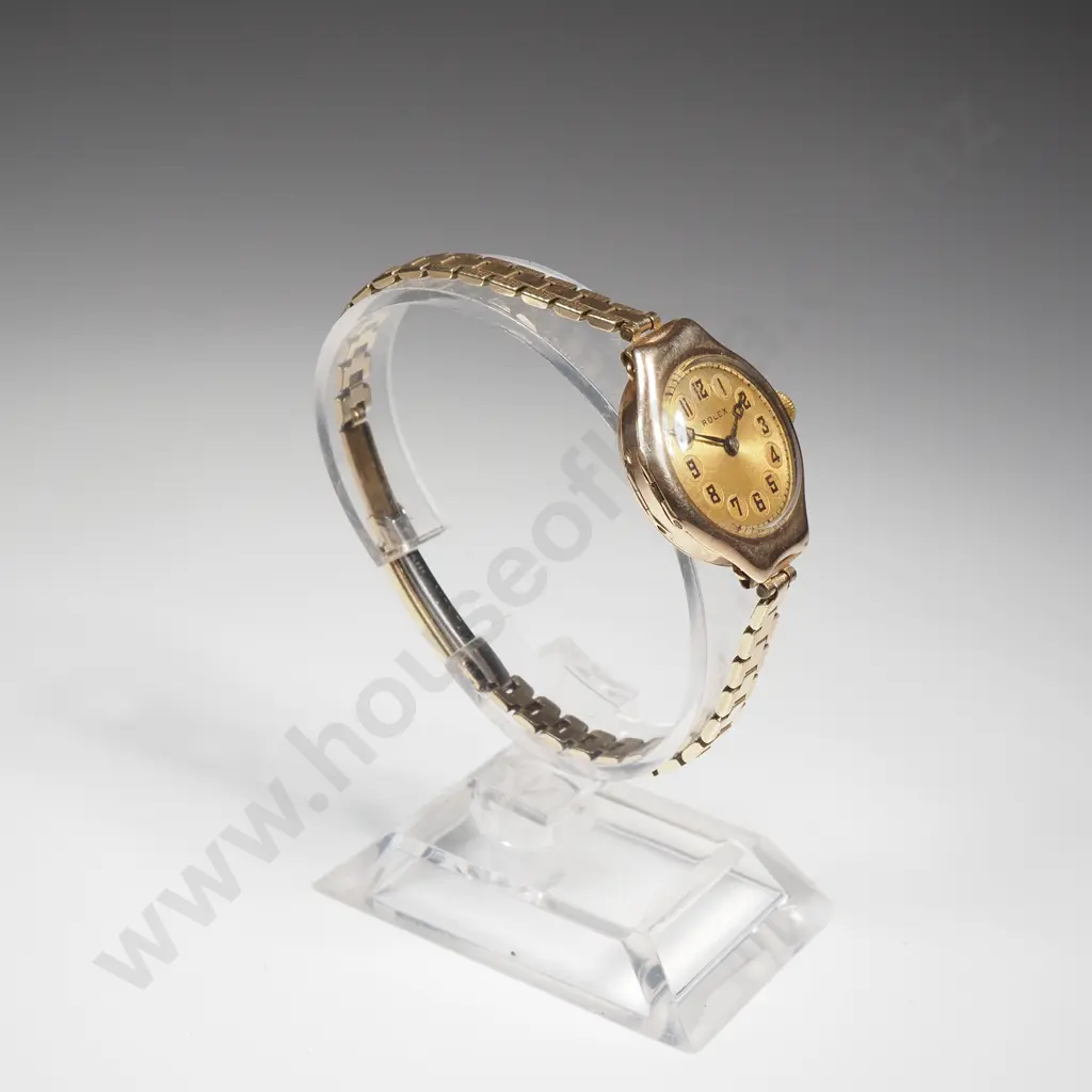 Antique 9ct Gold Ladies Rolex Wristwatch w Engine Turned Dial on G/P Bracelet Image 1++