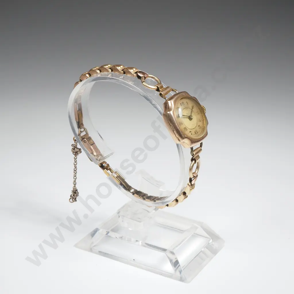 Antique 9ct Gold Ladies Wristwatch on Rolled Gold Bracelet Image 1++