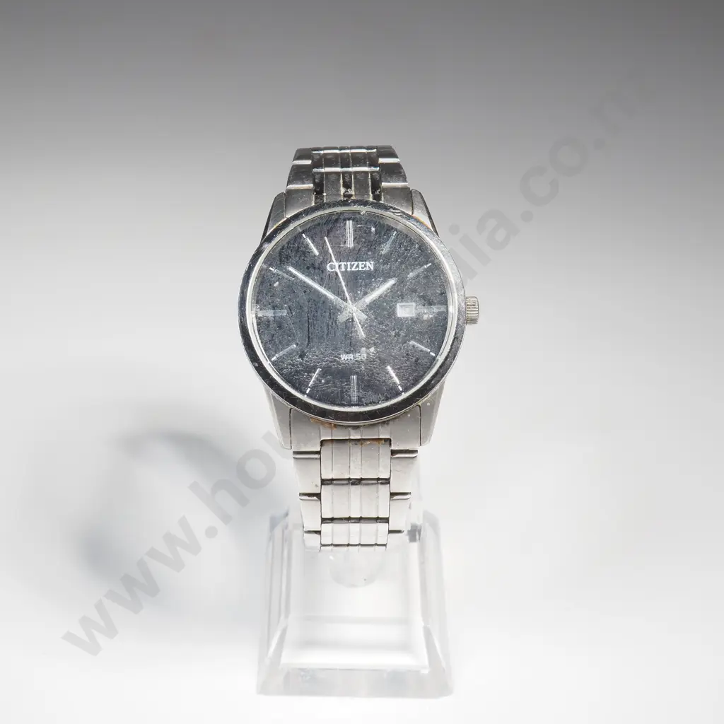 Citizen Men's Quartz Watch W Black Dial & Stainless Steel Band In Original Box Image 1++