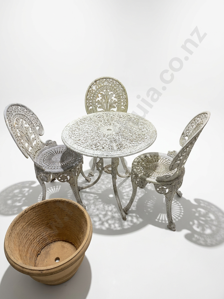 Enderslea White Aluminium Four Piece Patio Furniture Outdoor Set Comprising Table & Three Chairs Image 1++