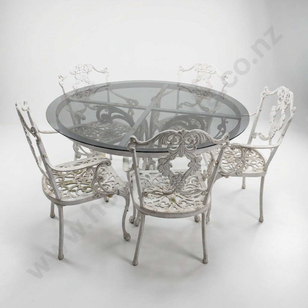 Glass Topped Wrought Iron Out Door Table w Five Georgian Style Chairs w Ball & Claw Feet Image 1++