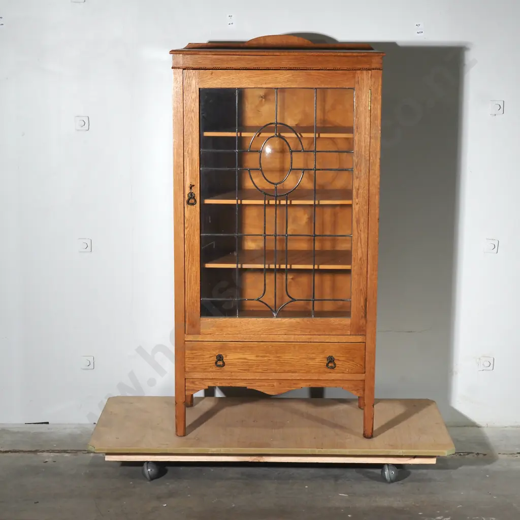 Oak Arts & Crafts Single Door Display Cabinet w Geometric Lead Light Glass & Single Drawer Below Image 1++
