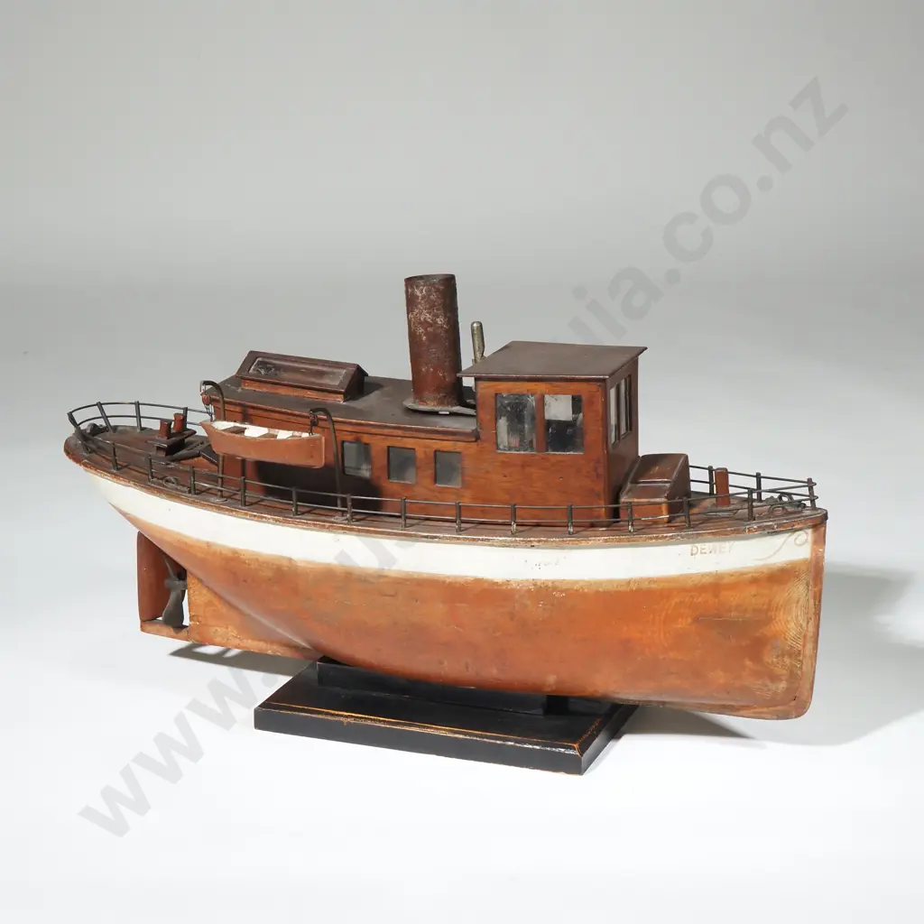 Vintage Wooden Model of a Tug/ Harbourmaster Boat  'Dewey' w Planked Wooden Construction & Complete w Engine Image 1++