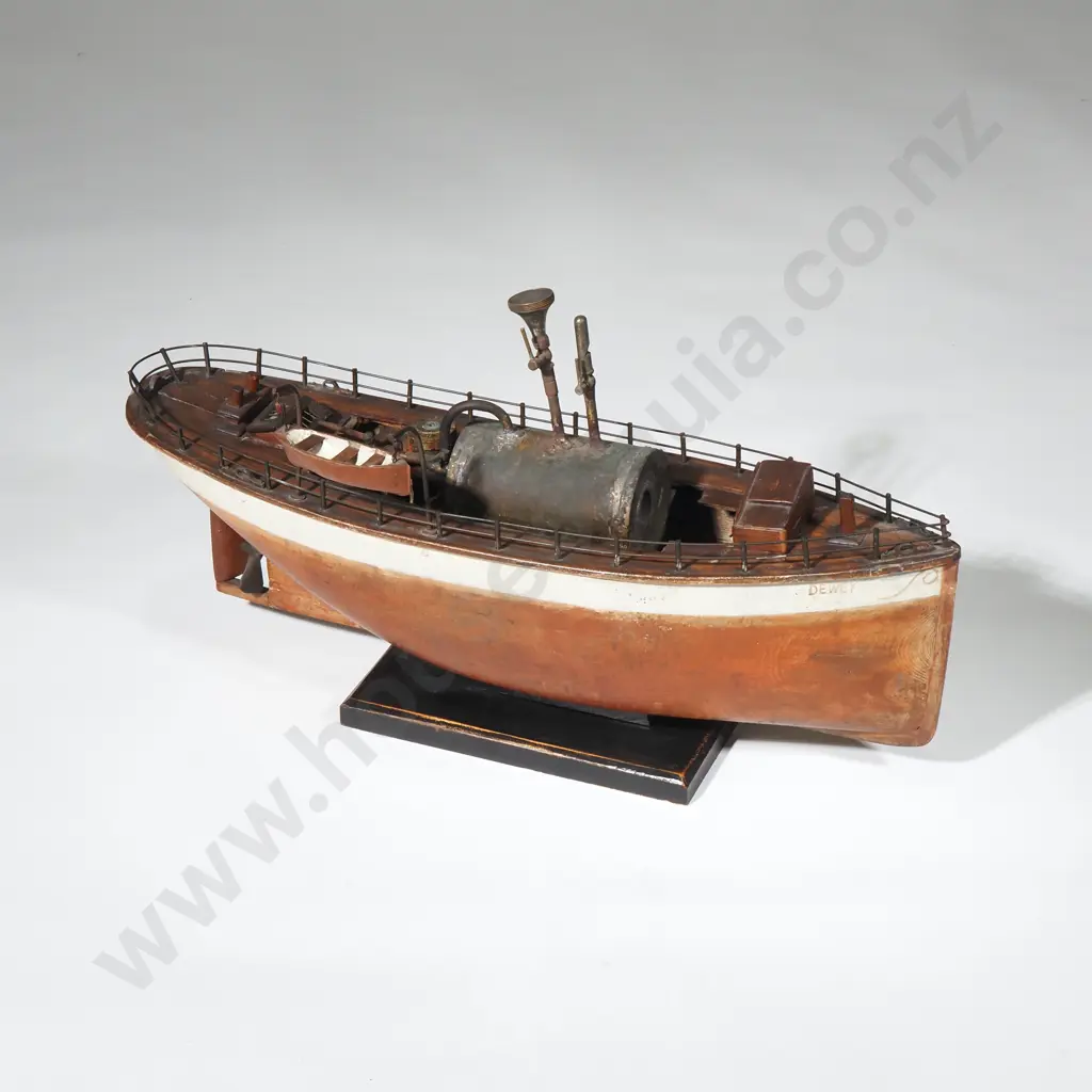 Vintage Wooden Model of a Tug/ Harbourmaster Boat  'Dewey' w Planked Wooden Construction & Complete w Engine Image 1++