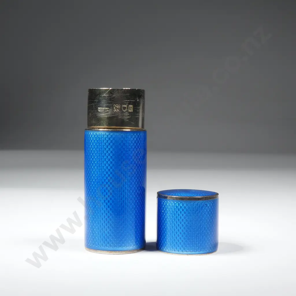 Sterling Silver & Blue Enamel Small Cylindrical Container Image 1++