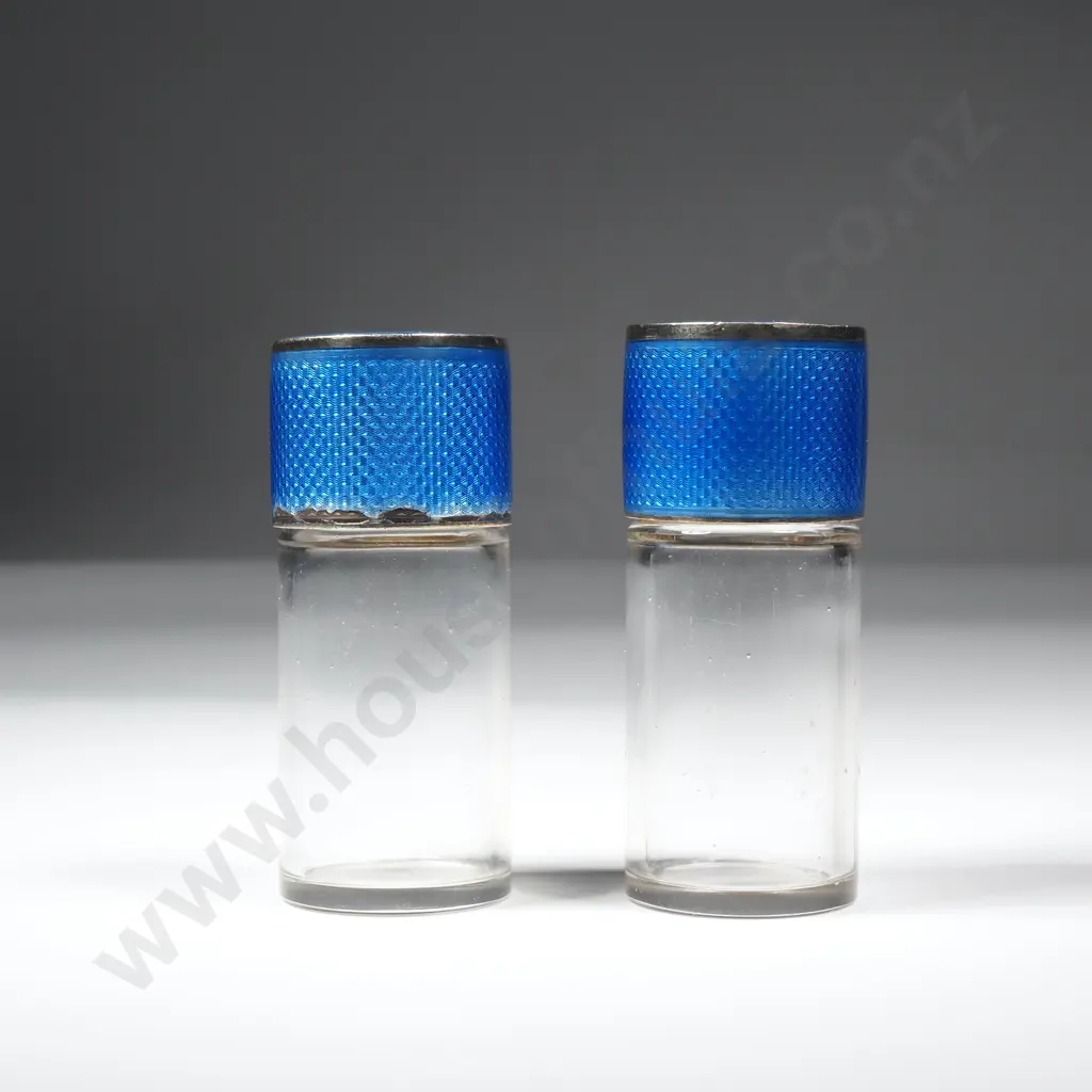 Pair of Small  Sterling Silver & Blue Guilloche  Enamel Jars Image 1++