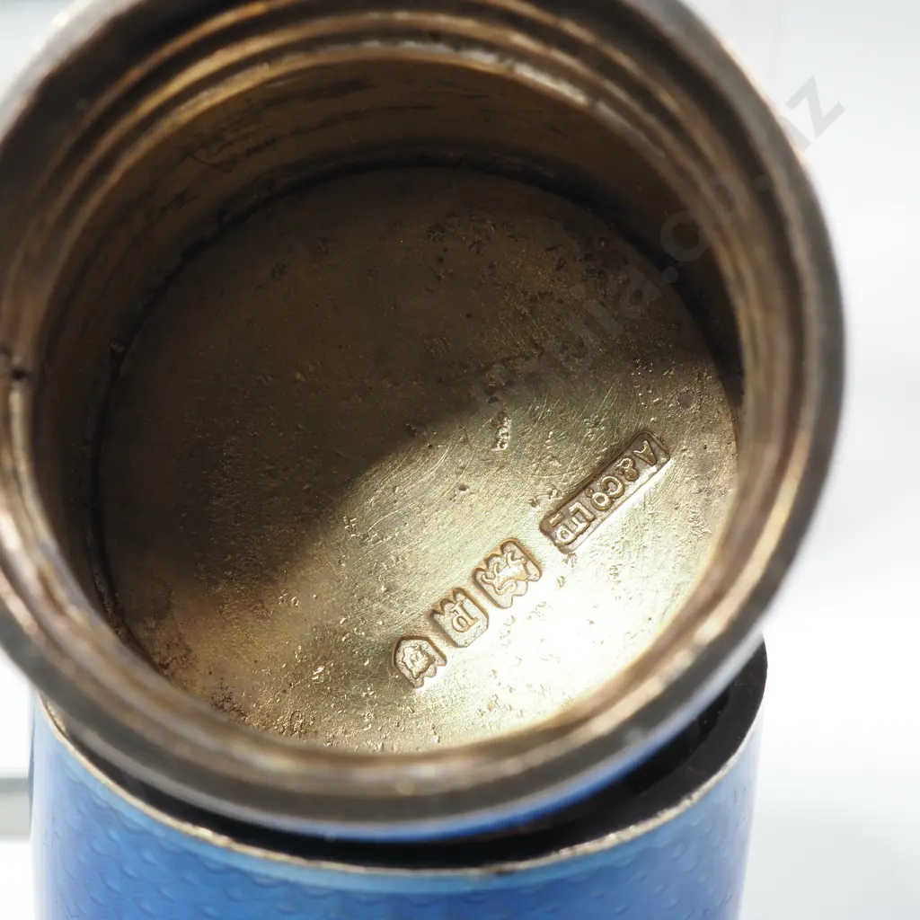 Pair of Small  Sterling Silver & Blue Guilloche  Enamel Jars Image 1++