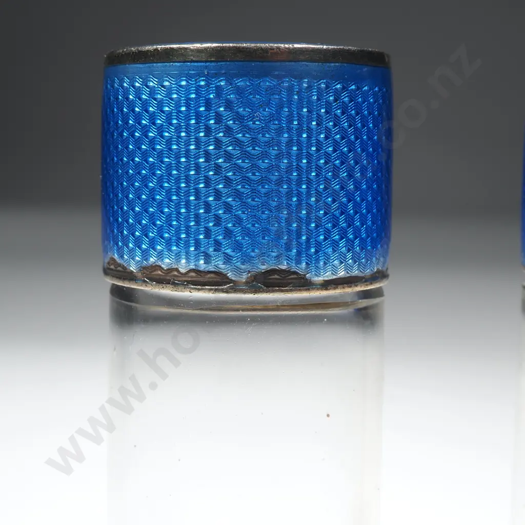 Pair of Small  Sterling Silver & Blue Guilloche  Enamel Jars Image 1++