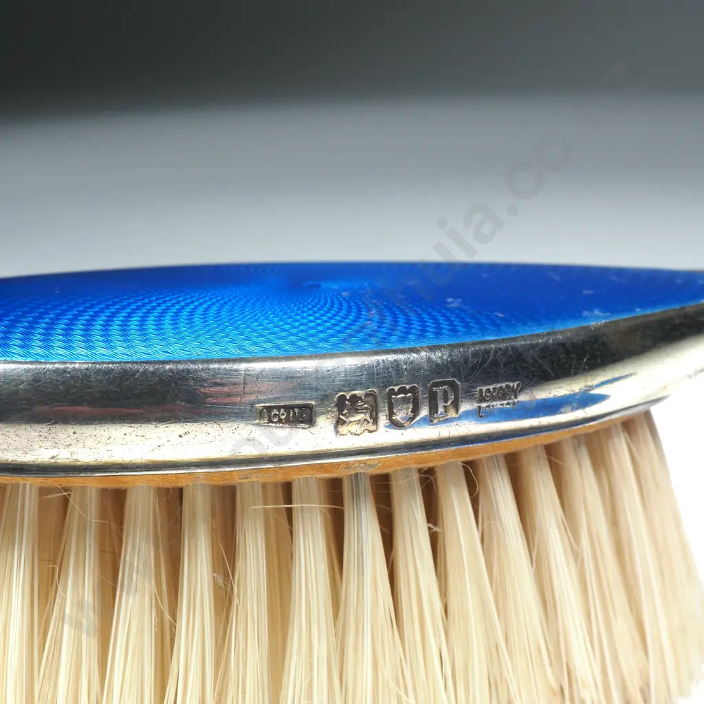 Sterling Silver & Blue Guilloche Enamel Babys Hairbrush & Small Hand Mirror Image 1++