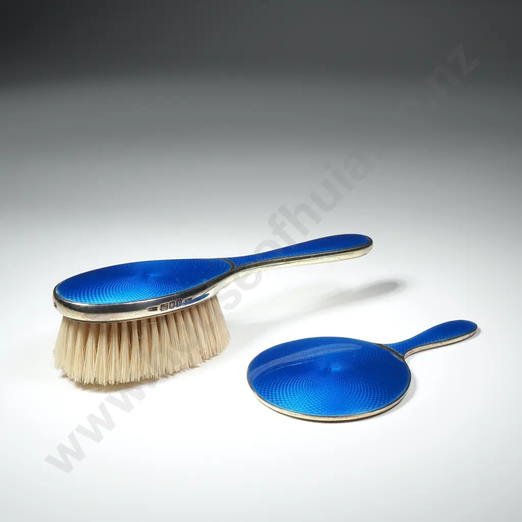 Sterling Silver & Blue Guilloche Enamel Babys Hairbrush & Small Hand Mirror Image 1++