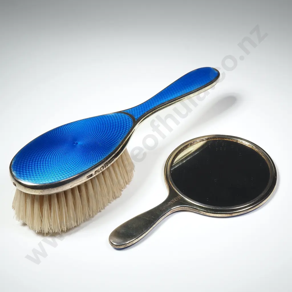Sterling Silver & Blue Guilloche Enamel Babys Hairbrush & Small Hand Mirror Image 1++