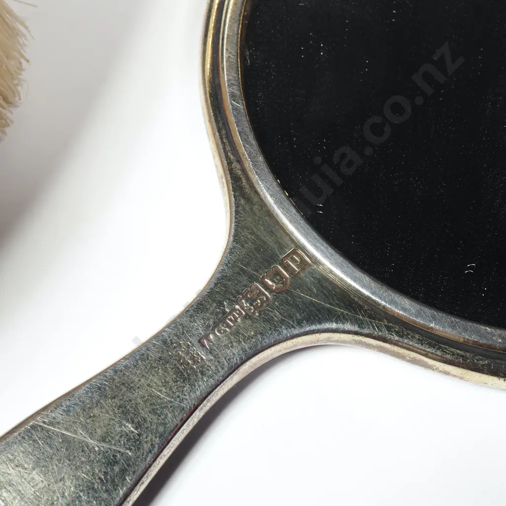 Sterling Silver & Blue Guilloche Enamel Babys Hairbrush & Small Hand Mirror Image 1++