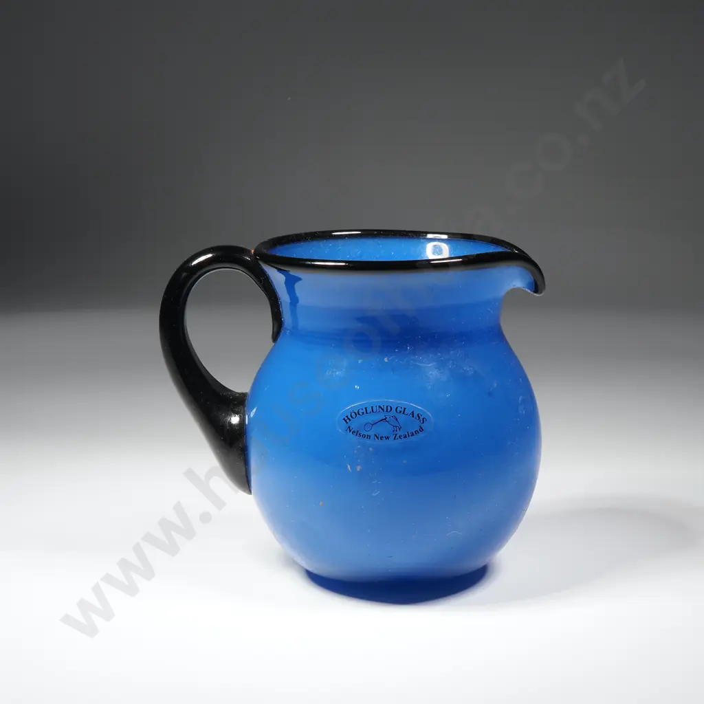 Hoglund Art Glass Jug w Deep Blue Body & Contrasting Black Handle & Rim Image 1++