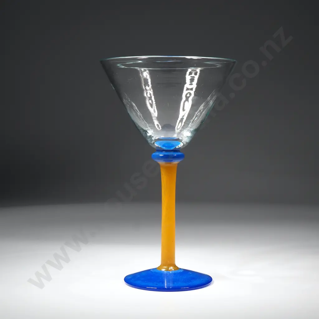 Vintage Hand Blown Martini/Cocktail Glass w Clear Concentric Bowl w Translucent Yellow Stem  & Cobalt Blue Base Image 1++