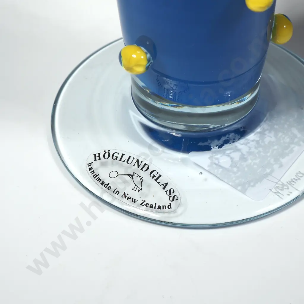 Hoglund Glass Blue Trumpet Case w Yellow Trim & Details on a Clear Base Image 1++