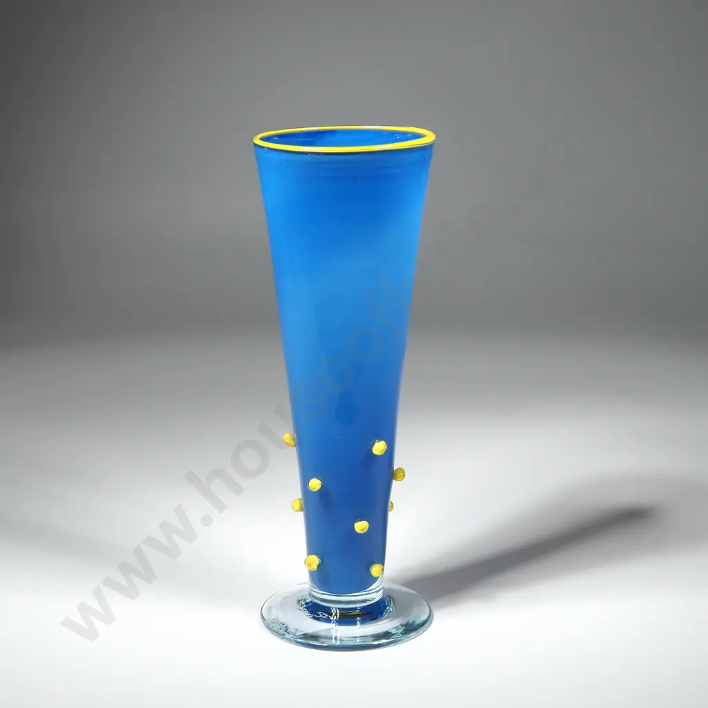 Hoglund Glass Blue Trumpet Case w Yellow Trim & Details on a Clear Base Image 1++