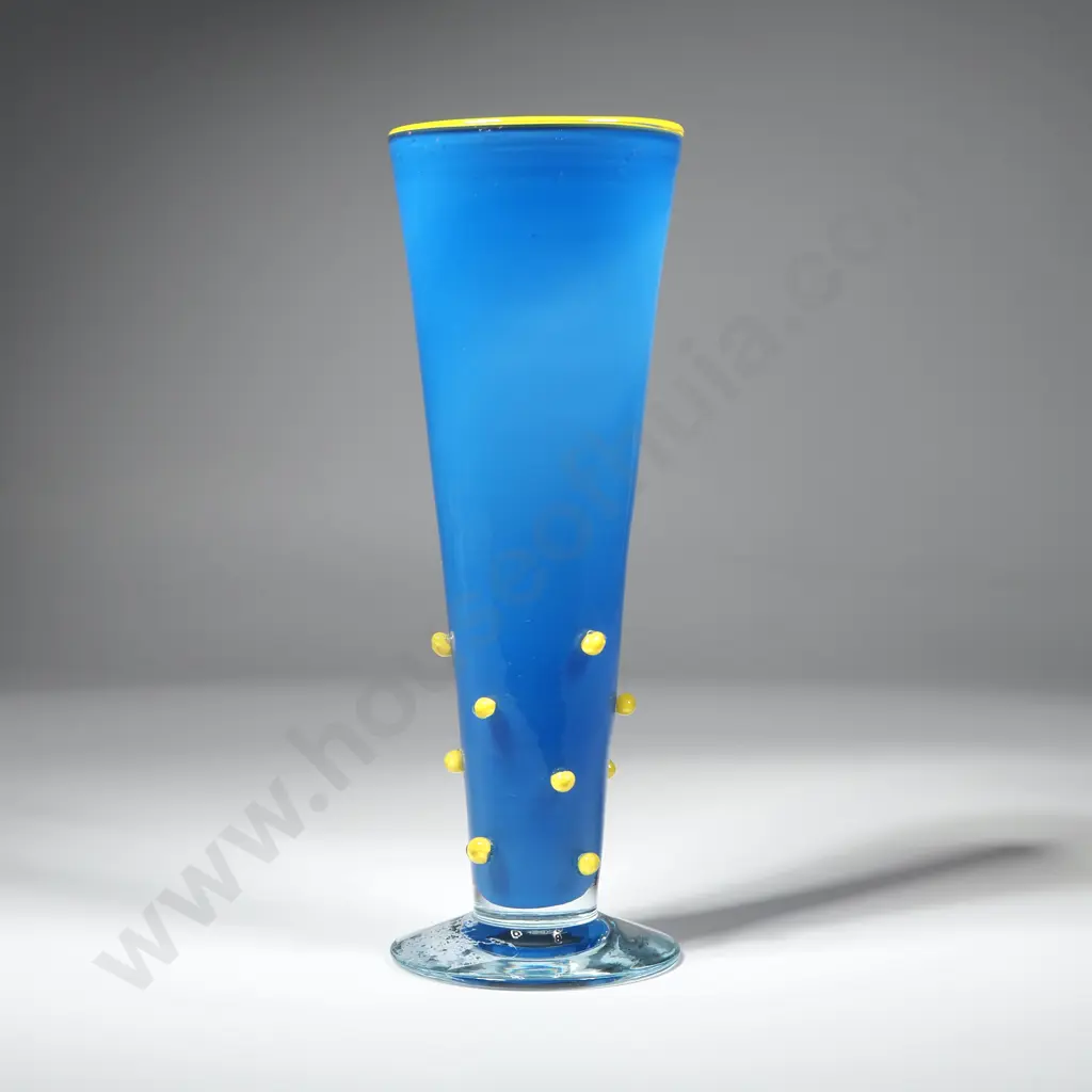 Hoglund Glass Blue Trumpet Case w Yellow Trim & Details on a Clear Base Image 1++