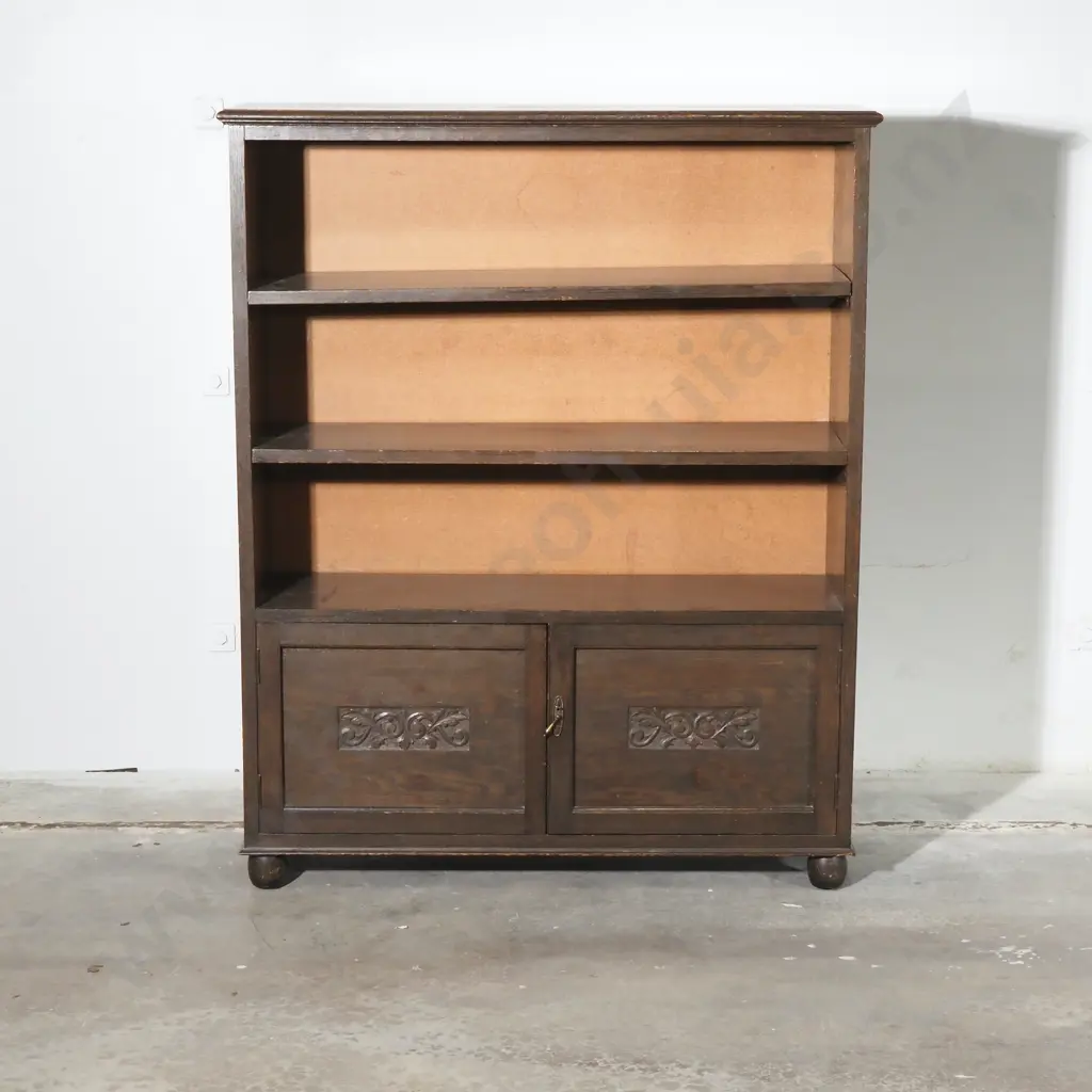 Oak Bookcase w Two Upper Open Shelves & a Base Two Door Cabinet w Carved Lower Panels on Doors Image 1++