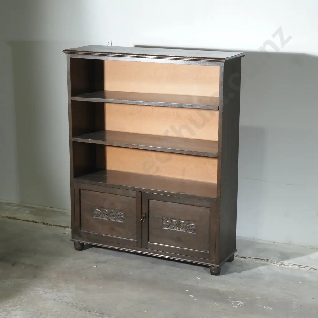 Oak Bookcase w Two Upper Open Shelves & a Base Two Door Cabinet w Carved Lower Panels on Doors Image 1++
