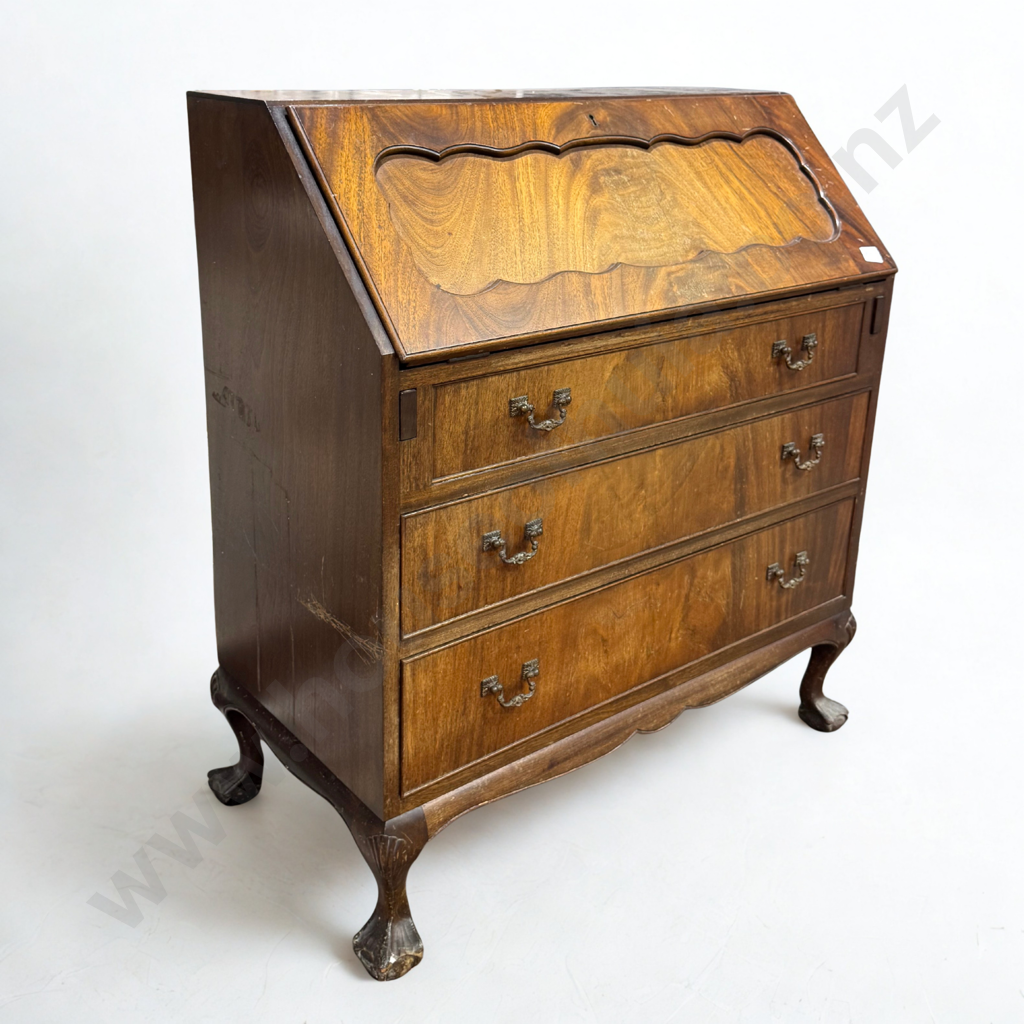 Chippendale Style Slant Fall Front Desk on Ornate Ball & Claw Feet & Ornate Brass Pulls  & w Fitted Interior Image 1++