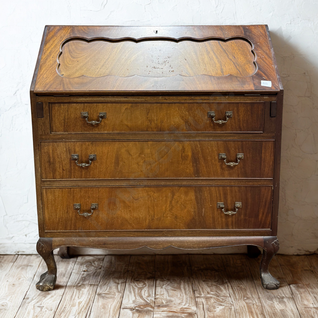 Chippendale Style Slant Fall Front Desk on Ornate Ball & Claw Feet & Ornate Brass Pulls  & w Fitted Interior Image 1++